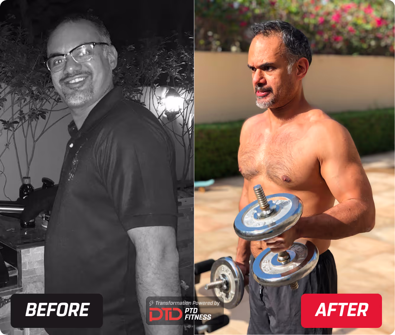PTD client transformation showing him before and after with visible changes in his physique
