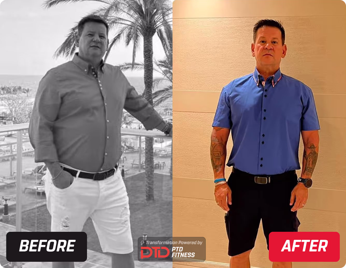 PTD client transformation showing his weight loss process with before and after pictures